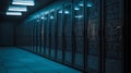 Rows of Server Racks with Blue LED Lights in a Data Center Corridor image photo Royalty Free Stock Photo