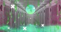 Rows of server racks in data center with digital graphics overlaying scene Royalty Free Stock Photo