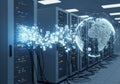 Rows of server racks in a data center emit digital streams, Royalty Free Stock Photo