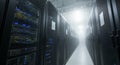 Rows of Server Racks in a Data Center with Soft Lighting and Fog Royalty Free Stock Photo