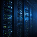 Rows of server racks filled with equipment and blinking LED lights in a dimly lit data Royalty Free Stock Photo
