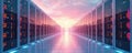 Rows of server racks filled with glowing lights stretch into distance under pink, orange sky. Modern data center features clean, Royalty Free Stock Photo