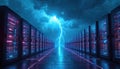 Rows of server racks glow with blue, pink lights under dramatic stormy sky. Bright lightning bolt strikes center, illuminating Royalty Free Stock Photo
