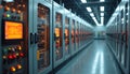 Rows of server racks with glowing screens, indicator lights. Data center features modern tech infrastructure for digital storage, Royalty Free Stock Photo
