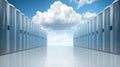 Rows of server racks lead to a cloudy sky, representing the concept of cloud computing and data storage