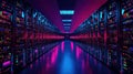 Rows of servers in a data center with colorful neon lights Royalty Free Stock Photo