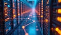 Rows of servers in data center with glowing lights and network lines. Digital information flows through connected nodes creating Royalty Free Stock Photo