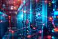 Rows of servers are illuminated with vibrant blue and red lights, highlighting the complex Royalty Free Stock Photo