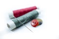 Rows of sewing threads of various colors, sewing needles and shirt buttons Royalty Free Stock Photo