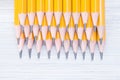 rows of sharply sharpened simple pencils, laid out as a background on a light table.