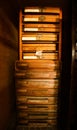 Rows of shelfs containing moveable type and letterpress tools.