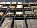 Rows of shelves with boxes in modern warehouse Royalty Free Stock Photo
