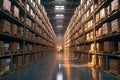 Rows of shelves with boxes in modern warehouse Royalty Free Stock Photo
