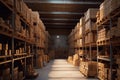 Rows of shelves with boxes in modern warehouse Royalty Free Stock Photo