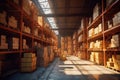 Rows of shelves with boxes in modern warehouse Royalty Free Stock Photo
