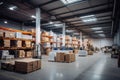 Rows of shelves with boxes in modern warehouse. Industrial warehouse interior