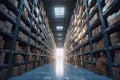 Rows of shelves with boxes in modern warehouse Royalty Free Stock Photo