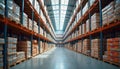 Rows of shelves filled with stacked boxes inside a large warehouse. Goods are organized on pallets awaiting logistics and Royalty Free Stock Photo