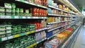 Rows of shelves with fresh dairy products, yogurt, sour cream, milk in a supermarket. Retai