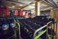 Rows of shelves full of new sneakers standing in shop or footwear factory warehouse