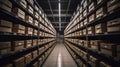 Rows of shelves with goods boxes in modern industry warehouse store at factory warehouse storage, generative ai Royalty Free Stock Photo