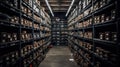Rows of shelves with goods boxes in modern industry warehouse store at factory warehouse storage, generative ai Royalty Free Stock Photo