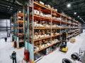 Rows of shelves with goods boxes in modern industry warehouse. Storekeepers, loaders with forklift trucks work in the