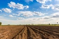 Rows of soil before planting. Furrows row pattern in a plowed field prepared for planting crops in spring. view of land prepared f