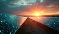 Rows of solar panels stretch towards a vibrant sunset. Digital network lines and glowing dots overlay the panels, suggesting Royalty Free Stock Photo