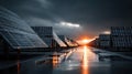 Rows of solar panels under a dramatic sky at sunset emphasize sustainable energy generation and innovative renewable power Royalty Free Stock Photo