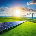 Rows of solar panels and wind turbines on green landscape hybrid renewable energy Royalty Free Stock Photo