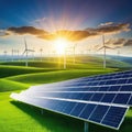 Rows of solar panels and wind turbines on green landscape hybrid renewable energy Royalty Free Stock Photo