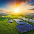 Rows of solar panels and wind turbines on green landscape hybrid renewable energy Royalty Free Stock Photo