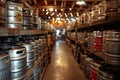 Rows of Stacked Beer Kegs in a Brewery Warehouse Awaiting Distribution