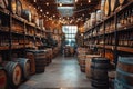 Rows of Stacked Beer Kegs in a Brewery Warehouse Awaiting Distribution