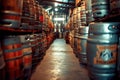 Rows of Stacked Beer Kegs in a Brewery Warehouse Awaiting Distribution