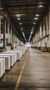 Rows of stacked cardboard boxes line an expansive, dimly lit warehouse aisle, creating a structured and organized industrial Royalty Free Stock Photo