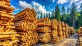 Stacked Pine Timber Logs at Lumber Yard with Forest Backdrop Royalty Free Stock Photo