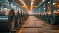 The rows of steel coils in a warehouse