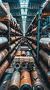 Rows of Steel Round Bar in a Large Warehouse Royalty Free Stock Photo