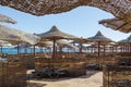 Rows Of Straw Umbrellas From The Sun, Stretching Into The Distance On A Wide Beach On The Red Sea