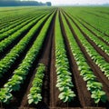 Rows of strawberry on ground covered by plastic mulch film Cultivation of berries and vegetables using mulching method