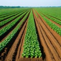 Rows of strawberry on ground covered by plastic mulch film Cultivation of berries and vegetables using mulching method