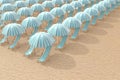 Rows of Striped Blue Beach Chairs with Umbrellas on a Beach Sand. 3d Rendering