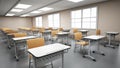 Rows of student desks inside the classroom. 3D illustration