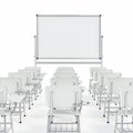 Rows of student desks and whiteboard isolated on white background. 3D illustration