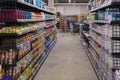 Rows in a supermarket with selective focus on the background. Balti, Moldova March 12, 2021. Illustrative editorial