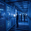 Rows of tall server racks are illuminated in a blue light within a data center Royalty Free Stock Photo