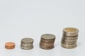 Rows of Thai baht coins for finance and banking concept with white background and selective focus