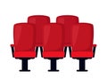 Rows of theater movie or cinema seats isolated on white. Red velvet chairs. Premier showtime comfortable seating. Vector Royalty Free Stock Photo